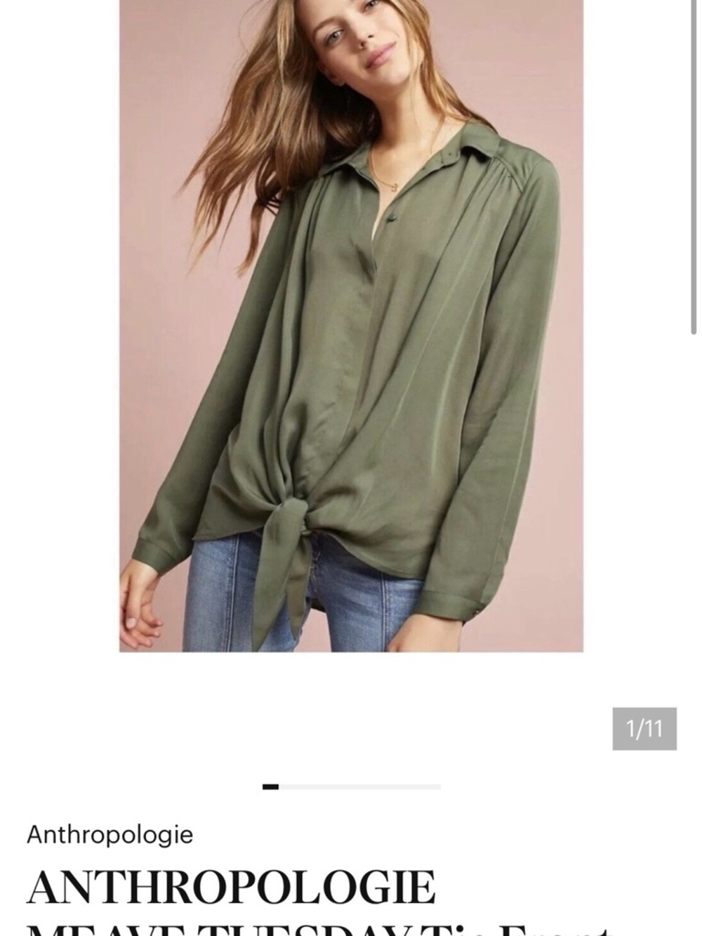 Anthropologie Olive Tie-Front Button-Down Blouse